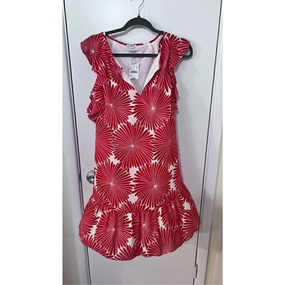 J. Crew Womens Floral Keyhole Ruffle Flutter Sleeve Shift Dress Red White XS NWT